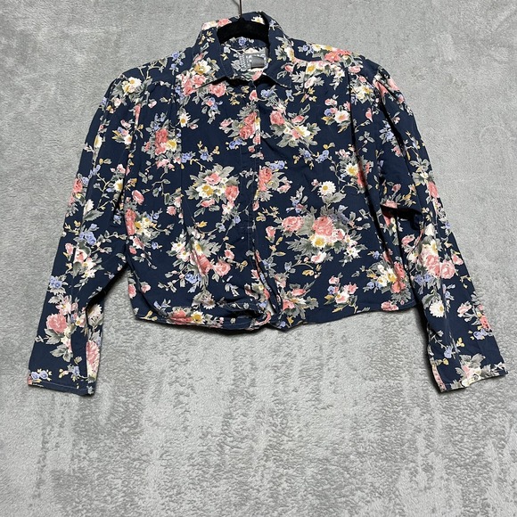 Vintage Sorrel Shirt Womens Small Navy Floral Button Down Tie Front Top - Picture 1 of 6
